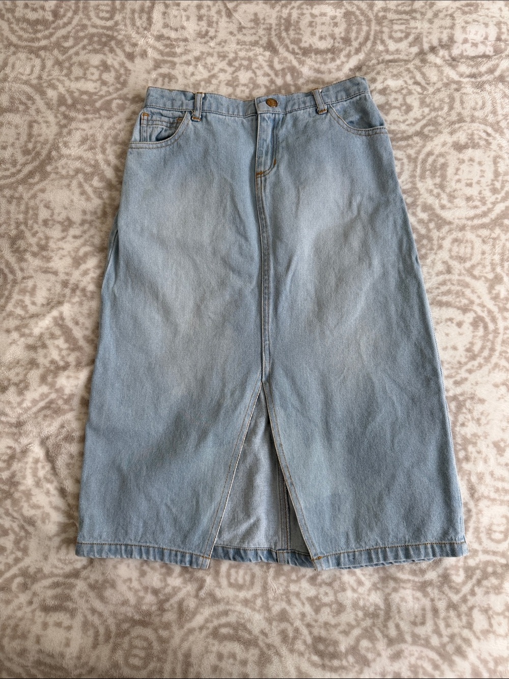 Light Wash Denim Midi Skirt with Front Slit